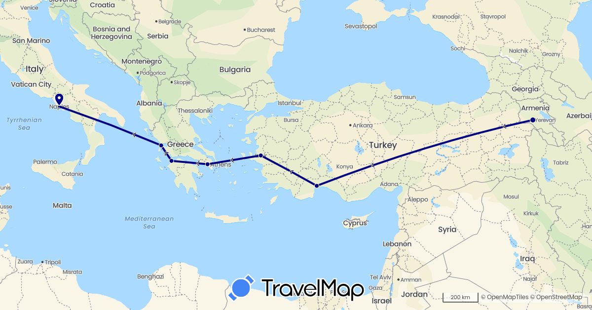 TravelMap itinerary: driving in Armenia, Greece, Italy, Turkey (Asia, Europe)